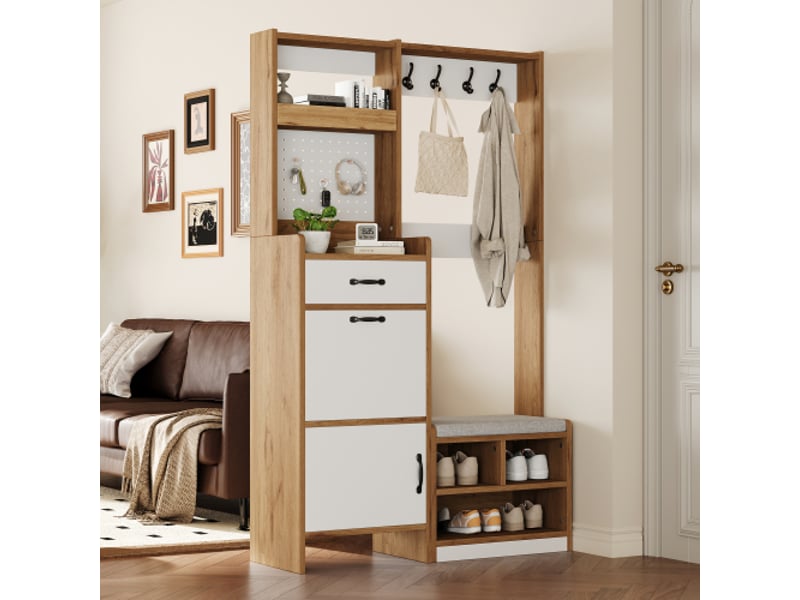 Armoire d'entrée moderne avec banc – rangement, crochets, tiroir et espace ouvert, chêne blanc, 108,5×35×180 cm - Conforama D