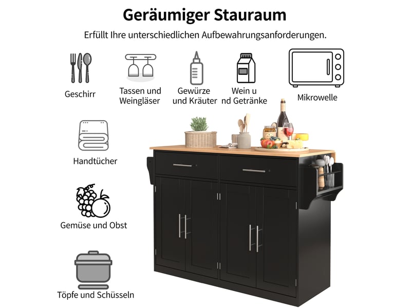 Desserte de cuisine noir et naturel 120 × 4670 × 91 cm en mdf, plateau rabattable, 4 portes, roulettes et pieds en bois - Conforama E