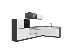Vicco cuisine en angle, blanc haute brillanceanthracite, 347 x cm plan de travail chêne doré