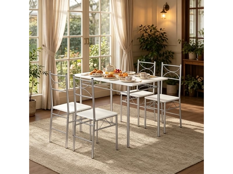  Ensemble table et 4 chaises moderne 110x70x76 cm, mdf et métal blanc et argent  - Conforama E