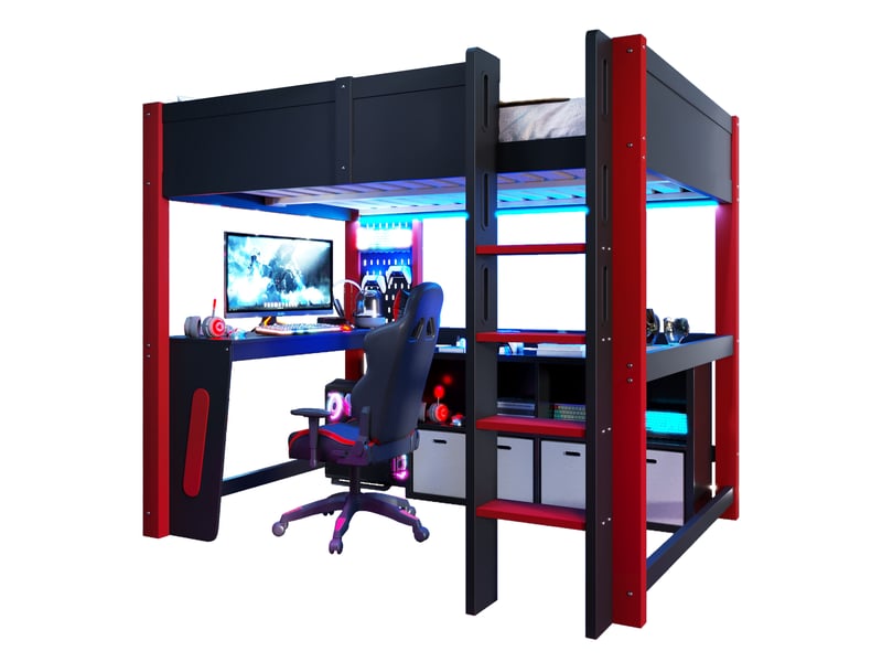  Lit mezzanine enfant 140x200 cm, bureau, panneau perforé, led multicolore, pin et mdf, noir + bois naturel Radiant Stride - Conforama A