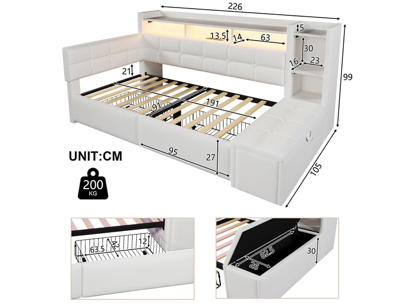 Lit banquette 90x190 cm avec deux tiroirs, ports usb et type-c, led, en velours, blanc, sans matelas - Conforama C
