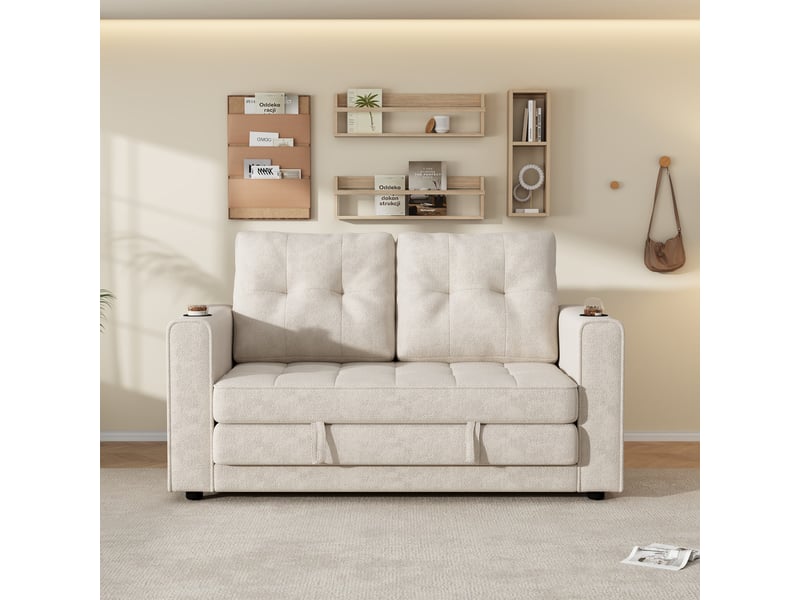 Canapé convertible - 141×79×93cm, canapé-lit double beige, triple extensible, dossier amovible, 141 x 79 x 93 cm - Conforama D