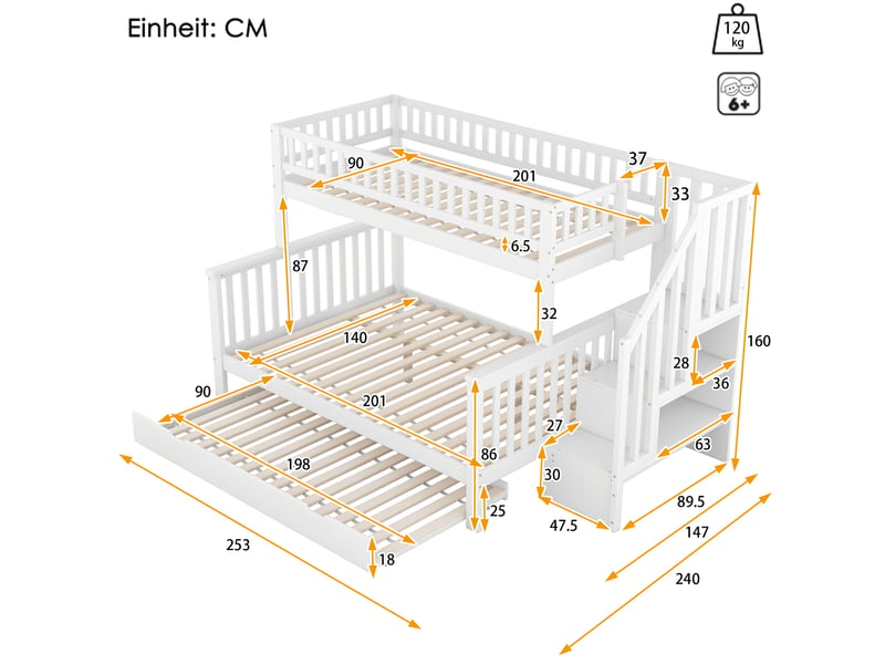  Lit superposé enfant 90x200 et 140x200 cm avec lit gigogne blanc  - Conforama C
