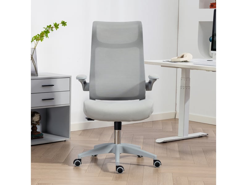  Chaise de bureau ergonomique avec accoudoirs réglables, dossier et appui-tête en maille, grise  - Conforama D