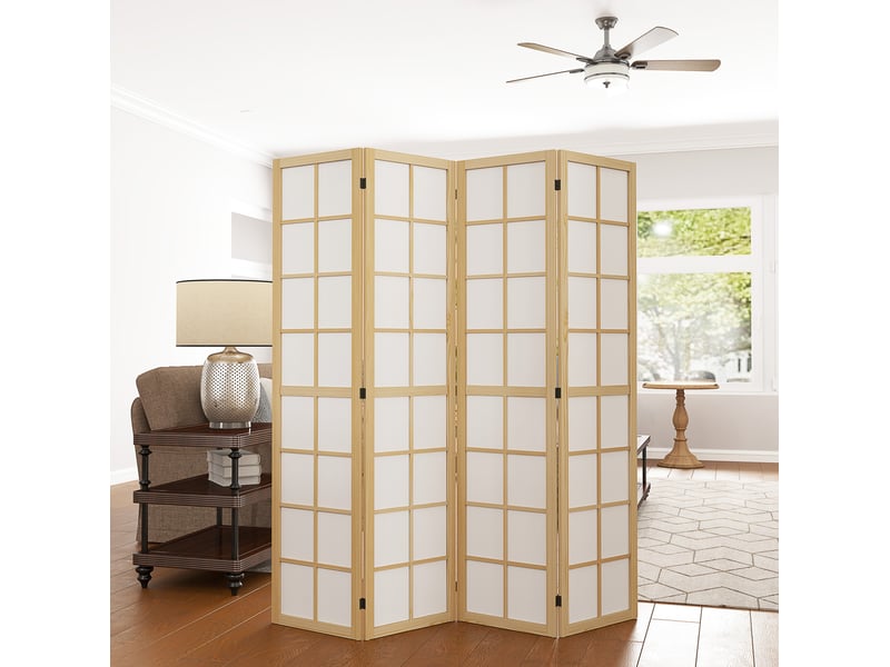  Paravent 4 panneaux pliable, séparateur d’espace et brise-vue intérieur en bois et tissu naturel 160 × 170 cm  - Conforama B