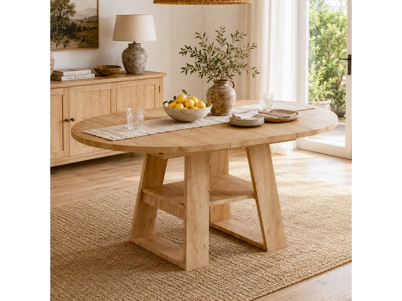  Table à manger extensible ronde 110/150 × 110 cm, teinte chêne  - Conforama D