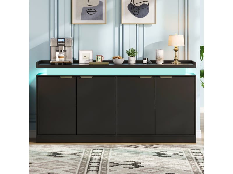  Buffet et enfilade led avec 4 portes et étagères ouvertes, mdf noir, pour cuisine et salle à manger, 160 × 39 × 83 cm  - Conforama C