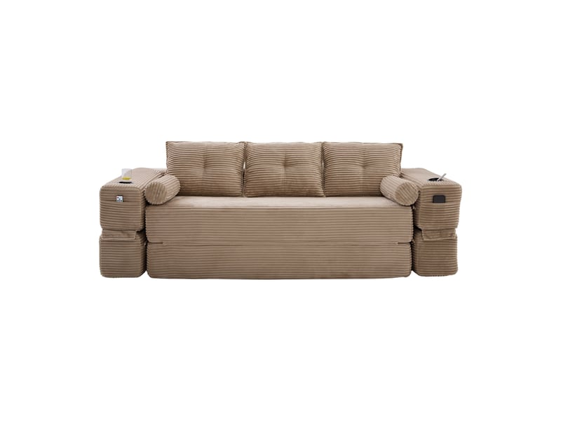  Canapé convertible 3 places en velours côtelé kaki avec porte-gobelet et poches latérales pratiques  - Conforama A
