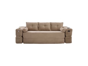 Canapé convertible 3 places en velours côtelé kaki avec porte-gobelet et poches latérales pratiques