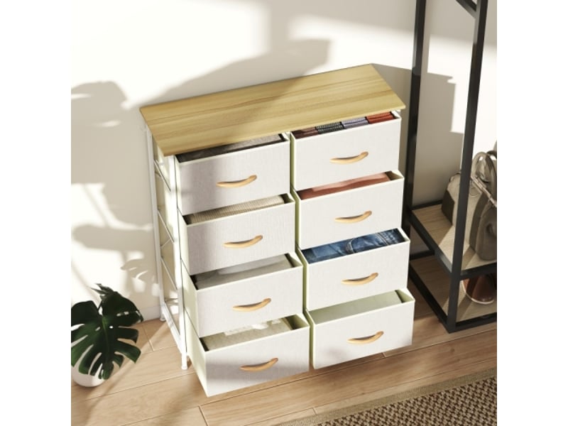  Commode beige, 8 tiroirs tissu, structure acier, plateau effet bois, rangement moderne pratique  - Conforama B