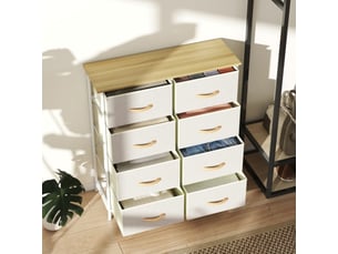 Commode beige, 8 tiroirs tissu, structure acier, plateau effet bois, rangement moderne pratique