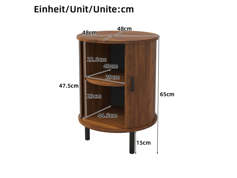 Table d'appoint ronde avec porte coulissante et étagère, pieds métal noirs, noyer pour salon 48 × 48 × 65 cm - Conforama C