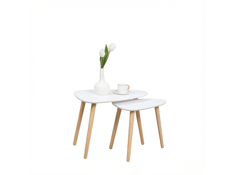  Tables basses gigognes avec 2 plateaux triangulaires modulables, style scandinave, en mdf et pin, blanc et naturel  - Conforama A