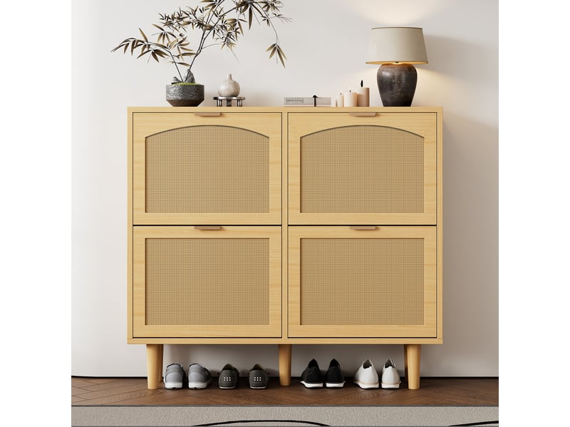  Meuble à chaussures 100x25x90 cm avec 4 portes abattantes, façades cannage et poignées métal, gain de place - Chêne clair Fay Lum - Conforama B