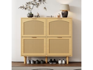 Meuble à chaussures 100x25x90 cm avec 4 portes abattantes, façades cannage et poignées métal, gain de place - Chêne clair