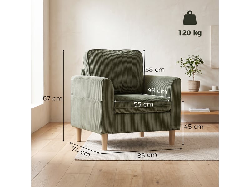  Fauteuil de salon style nordique pieds effilés bois clair velours côtelé vert  - Conforama C