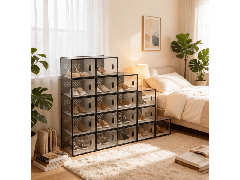  Lot de 18 boîtes à chaussures empilables en plastique transparent et noir  - Conforama C
