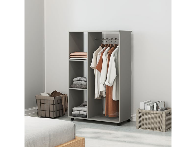  Armoire penderie meuble de rangement mobile 4 roulettes avec tringle à vêtements et étagères ouvertes, gris  - Conforama B