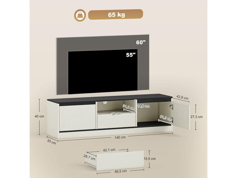  Meuble tv avec 2 portes, 1 tiroir et 1 étagère ouverte 140 x 35 x 40 cm noir et blanc  - Conforama C