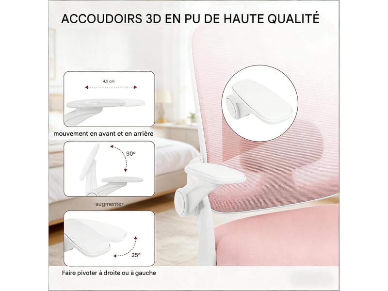  Fauteuil de bureau avec dossier haut réglable en maille rose T5828P493529 - Conforama E