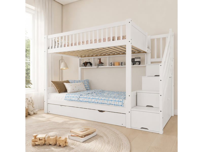  Lit superposé enfant 90x200 cm avec lit gigogne, escalier et armoire, blanc  - Conforama D