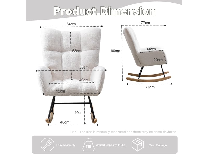  Fauteuil à bascule - 65x77x90cm - fauteuil rocking chair tissu bouclette teddy avec poche et pieds bois massif - blanc  - Conforama E