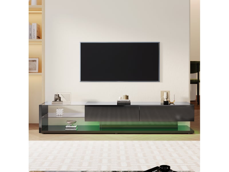  Meuble tv modenvie bas noir brillant 170 x 36 x 38 cm avec led et 2 tiroirs  - Conforama D