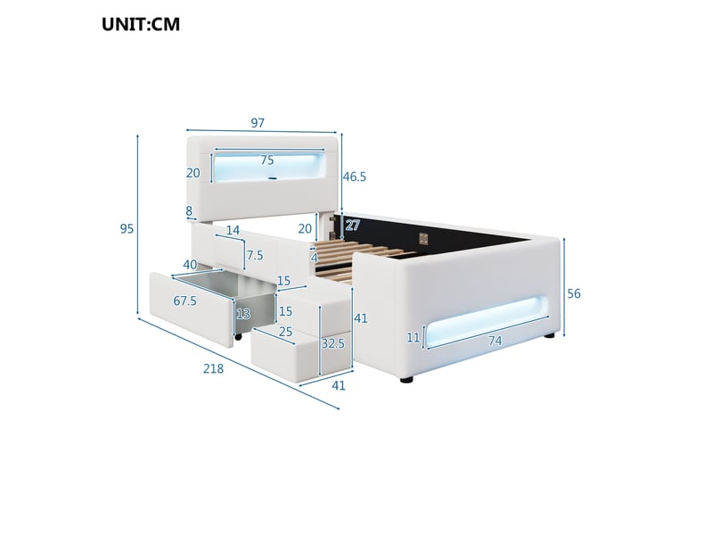 Lit enfant 90x200cm, style confort, bandeaux avec éclairage led, escaliers, tiroirs, espace de rangement, mdf, pu, blanc sans matelas - Conforama C
