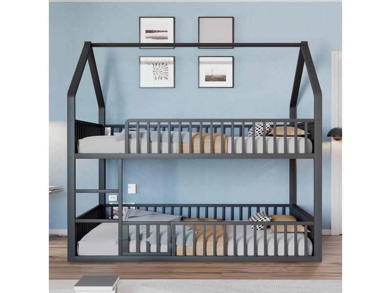  Lit superposé cabane enfant 140 x 200 cm avec escalier, petite porte et barrières de sécurité, structure en métal, noir, design gain de place  - Conforama C