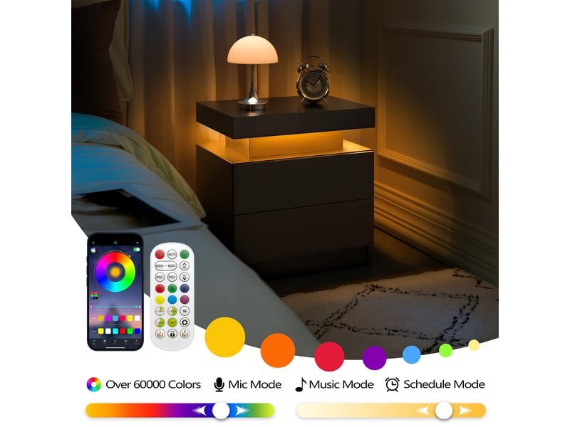  Chevet - avec éclairage led - convertible - design moderne - bois d’ingénierie - noir - pour chambre 50x53x36cm - Conforama E