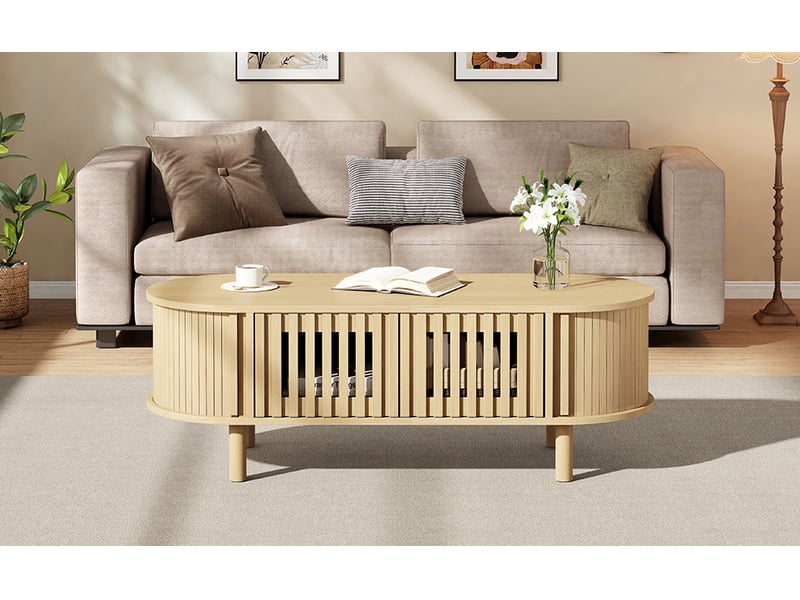  Table basse ovale 100 x 40 x 38 cm avec rangement, 2 portes à lattes et porte coulissante à rideau, mdf et pieds en bois, bois clair  - Conforama D