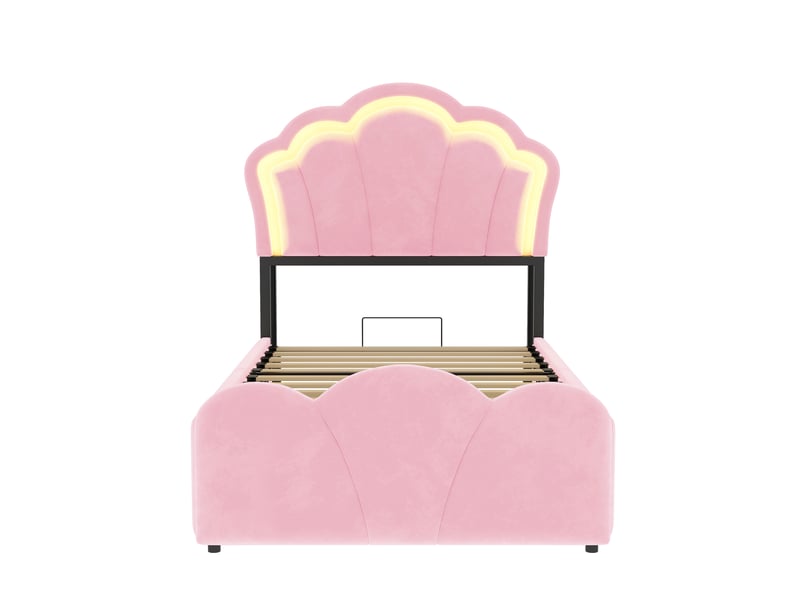 Lit coffre 90x200 cm - lit 1 place avec rangement hydraulique, tête de lit avec rangements, led et prises - velours - rose - Conforama R