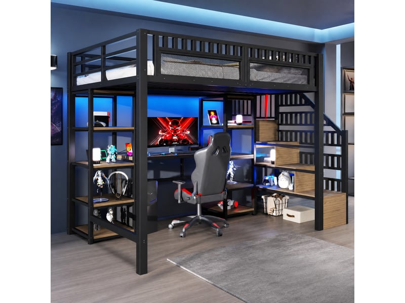  Lit mezzanine 200×140 cm avec bureau, rangements, éclairage led et ports usb, sans matelas, en métal noir  - Conforama B