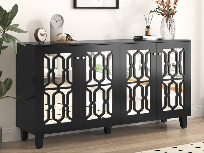  Buffet noir, avec 4 miroir portes et stratifié amovible, 160 x 40 x 84 cm, pour salon et salle à manger  - Conforama B
