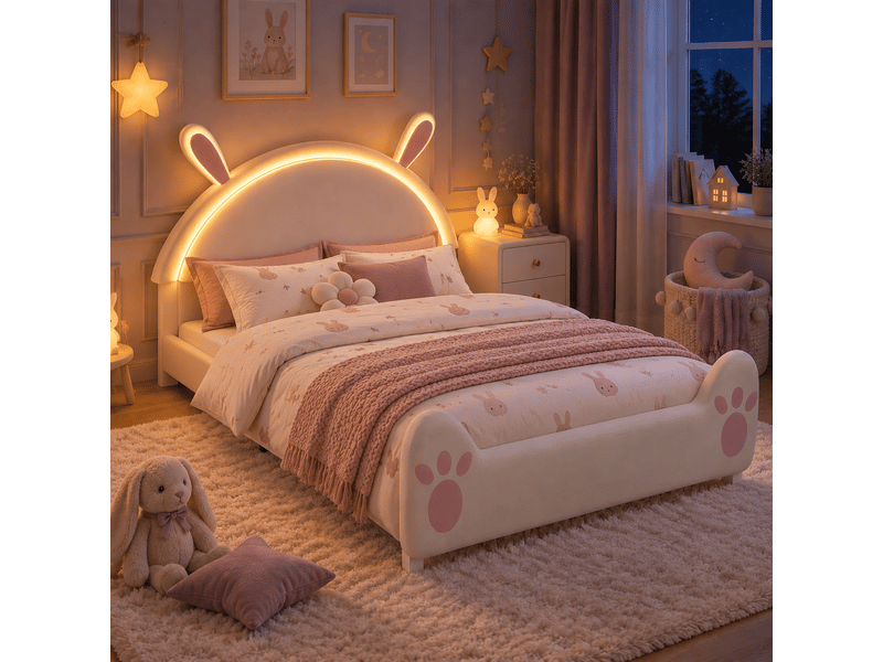  Lit double 140x200 cm avec tête de lit en forme de lapin, lit 2 placeavec led, lit fille avec sommier à lattes, lit rembourré pour filles garçons, velours, blanc + rose  - Conforama B