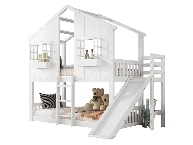  Lit superposé enfant avec toboggan, toit et fenêtres blanc 90 x 200 cm  - Conforama A