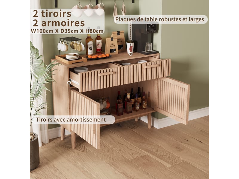  Buffet de rangement, conception de portes à lattes verticales, 2 portes et 2 tiroirs, style européen, bois clair  - Conforama E
