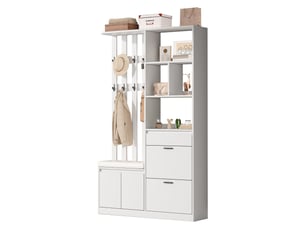 Meuble d'entrée 2 portes, 2 abattants, 1 tiroir, banc rembourré et 10 crochets pour hall en mdf 120×30×200 cm blanc