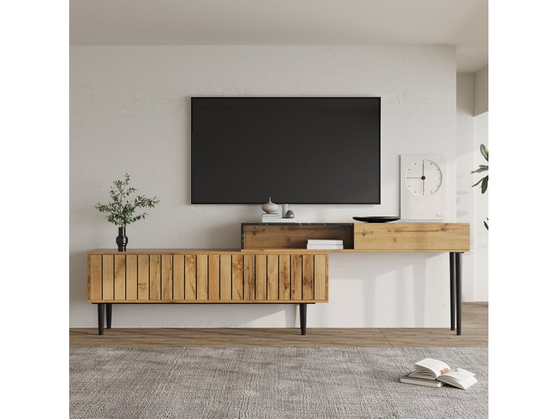  Meuble tv extensible modenvie 129 à 200 x 30 x 58 cm effet bois foncé et marbre noir  - Conforama E