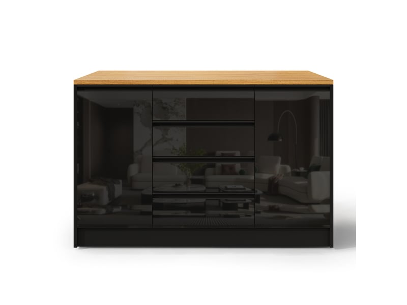 Îlot de cuisine avec 4 tiroirs 2 portes et plateau rabattable, mdf noir et décor bois, 140x50(80)x90 cm  - Conforama E