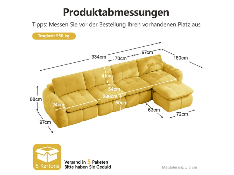 Canapé d'angle modulaire réversible 4 places avec ottomane, assise large et profonde, sans cadre, en chenille jaune - Conforama C