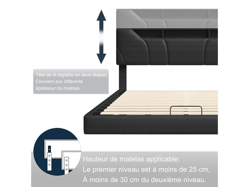  Lit coffre hydraulique 160×200cm, tête de lit pu avec rangement, led et port usb, design flottant, noir  - Conforama E