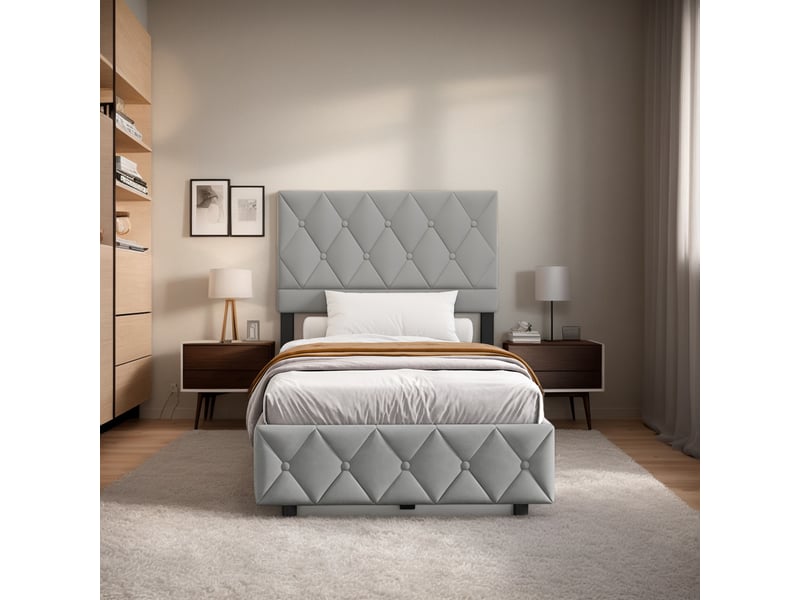  Lit simple 90 x 200 cm en velours, structure mdf et métal avec lattes en bois, sans matelas, gris  - Conforama C