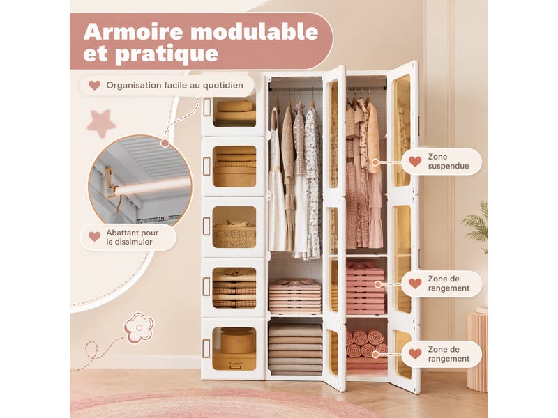  Armoire portable pliable, 15 cubes 11 portes 2 tringles, avec portes transparentes, 104x50x170 cm, corps en matériau pp, rangement chambre, blanc, plastique pp pet 12 cubes 8 portes 2 penderies, blanc  - Conforama D