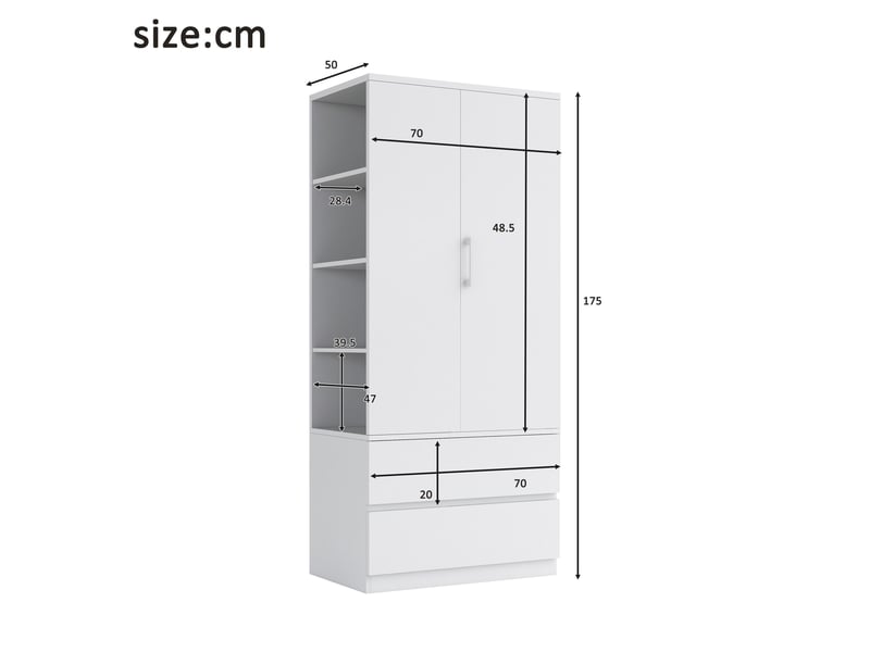  Armoire penderie 70x50x175 cm tiroirs tringles penderie étagères réglables métal et mdf meuble de rangement blanc OPULERANE TRADING LTD - Conforama D