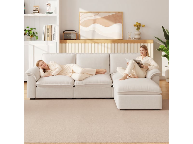 Canapé d'angle modulable en chenille beige avec ottomane déplaçable 257 x 128 x 90 cm, 4 places - Conforama E