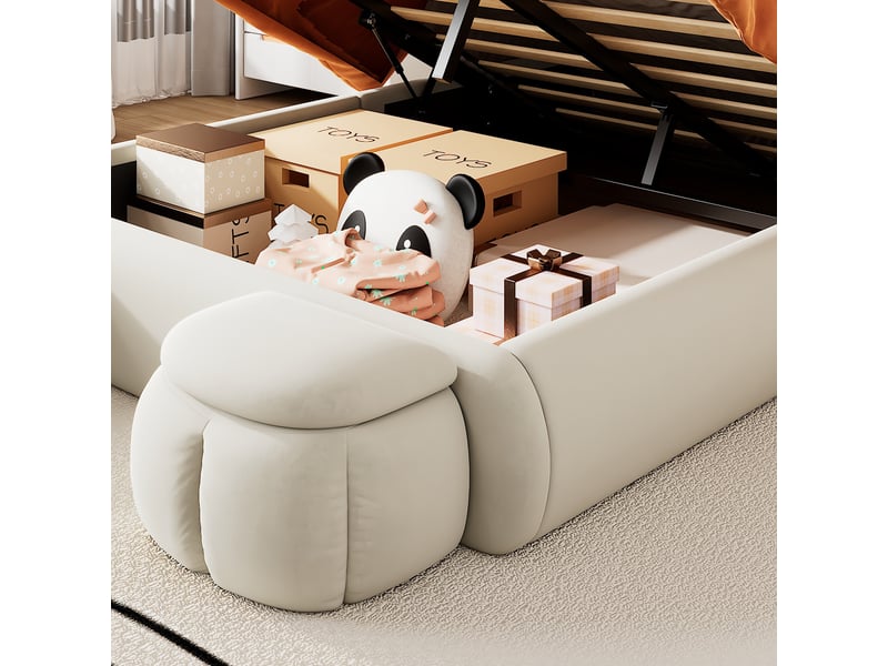  Lit capitonné 140x200cm en velours beige, oreilles de lapin, led, coffre hydraulique et deux poufs de rangement  - Conforama C