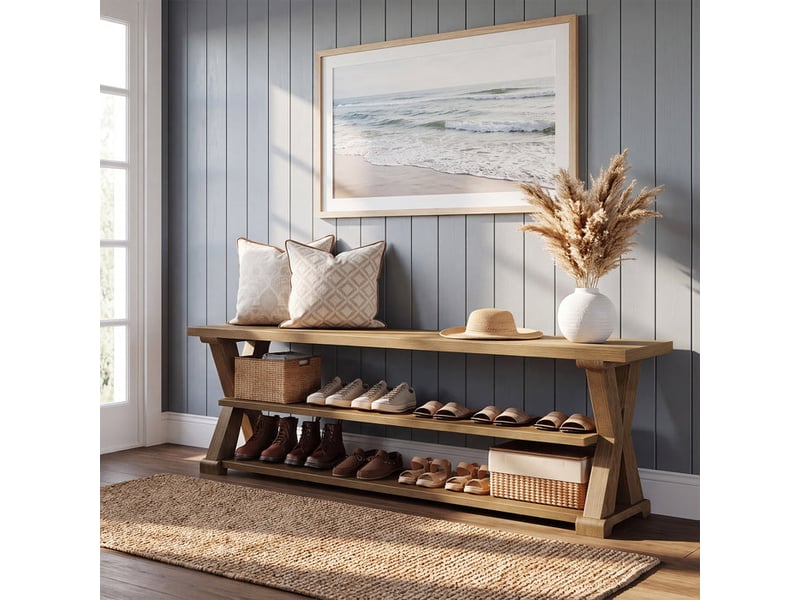  Banc de rangement pour entrée de 160 cm avec étagères (3 niveaux), banc à chaussures en bois style ferme avec côtés en croix pour couloir ; meuble de rangement rustique pour salon, chambre ou véranda  - Conforama B