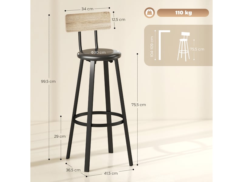  Lot de 2 tabourets de cuisine hauts avec dossier et repose-pieds, revêtement en polyuréthane, hauteur d'assise 75,5 cm, coloris naturel et noir.  - Conforama E